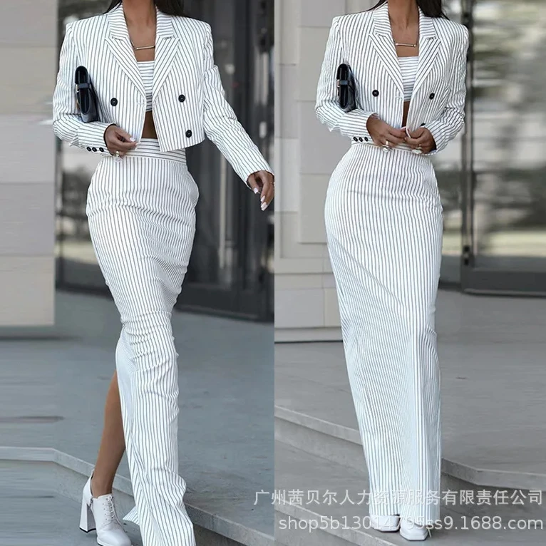 Winter Clothing Deals - Striped Blazer Coat & Slit Skirt