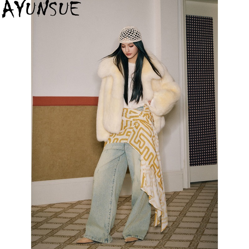 AYUNSUE Real Fox Fur Coats Wom - Yellow Winter Clothing recension och pris
